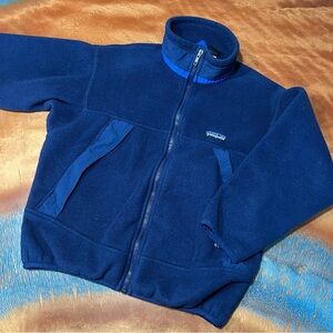Vintage Y2K Patagonia Navy Fleece Fill zip Jacket Made USA size 10